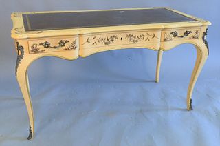 John Widdicomb Grand Rapids desk, Chinoiserie decorated with brown leather top, ht. 29", top 26" x 53".