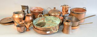 Group of various copper and stoneware pots and pans. Provenance: From the Marjorie & Howard Drubner Collection, Middlebury, Connecticut.