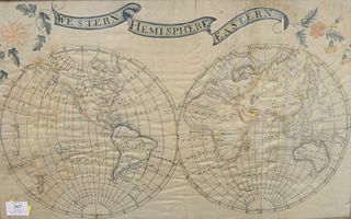 Victorian silk embroidered map, Eastern and Western Hemispheres, 16" x 20". Provenance: The Vincent Family Collection, Fairfield, Connecticut.
