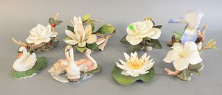 Group of seven Boehm porcelain flowers and swans, "White Hibiscus", "Van Gogh White Iris", "Waterlily", "England's Rose", "Christmas Rose", "Swan of S