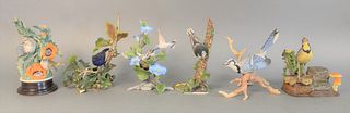 Group of six Boehm porcelain birds, "Blue Throated Hummingbirds", "Meadowlark", "Bluejay", "Nuthatch", "Golden Crowned Kinglets", and "Blue Grosbeak",