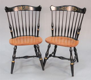 Group of six Hitchcock spindle back chairs with floral stencil, ht. 33 1/2", 16" x 18 1/2".