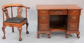 Two piece group to include custom mahogany kneehole desk, ball and claw feet, mahogany corner chair, Chippendale-style with ball and claw feet, ht. 30