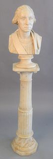 Alabaster carved pedestal with plaster bust, 62" x 13" x 10".