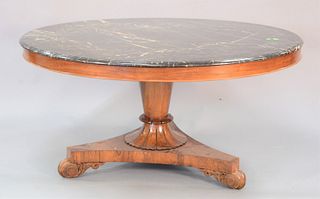 Large round pedestal table, rosewood veneered pedestal base with black granite top, ht. 29 1/2", dia. 57 1/2".