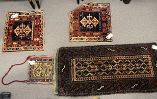 Seven piece rug lot, to include, two bagfaces, two small belouch, 19th century throw rug as is 2'10" x 3'9", bagface purse, plus one fragment