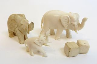 Three Antique Ivory Elephants & Two Dice