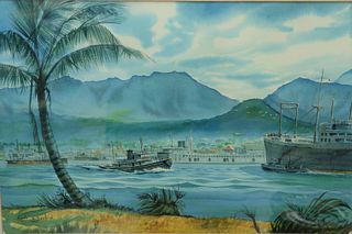 Earle G. Barlow (American, 1923-2013), "Aloha Town", Marine Base, Hawaii, 1967, watercolor on paper, signed and dated lower left, 15" x 23". Provenanc