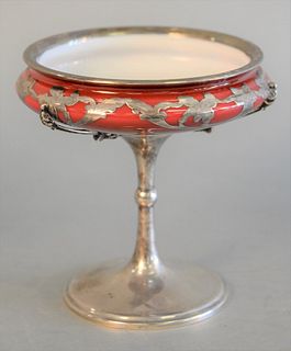 Red cased glass and sterling silver with silver overlay compote, marked 'sterling 672' on the underside, monogrammed on base, ht. 6", dia. 5 1/2". Pro