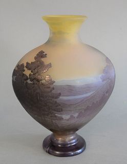 Galle scenic cameo art glass vase, having etched mountainous landscape scene with river, marked 'Galle,' 9 1/8" x 7 1/2".