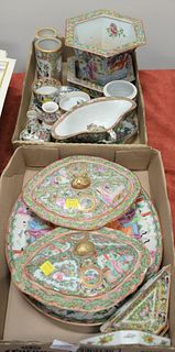 Two tray lots with Chinese Export, Rose Medallion to include oval serving tray, two covered vegetable dishes, planter with liner, vases, box, etc. Pro