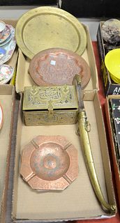 Group of Middle Eastern items, dagger, tri-metal box and five plates, lg. 16" (dagger).