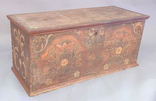 Lift top blanket chest, paint decorated front, ht. 24", wd. 52 1/2", dp. 22". Provenance: The Vincent Family Collection, Fairfield, Connecticut.