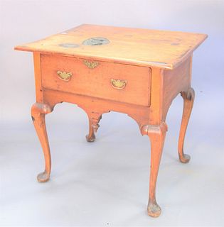Queen Anne cherry work table, two board top,one drawer set on cabriole legs ending in pad feet, top had two burns, ht. 27 1/2", wd. 24", dp. 28". Prov