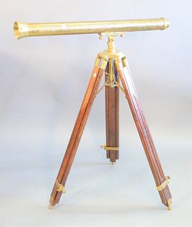 Brass telescope, on wood and brass tripod, missing eye lense, lg. 30-1/2" telescope.