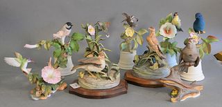 Group of nine porcelain birds, Boehm hummingbird and morning glory, two Cybis birds on wooden stands, Boehm sparrows, and five Boehm birds with flower