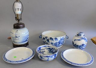 Six Chinese blue and white pieces, large bowl having animal head handles, small bowl with painted scholars, two ginger jars, and a pair of plates, siz