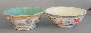 Two Chinese porcelain Famille Rose bowls, one octagon with painted circles, on round footed base, bottom bearing black mark, along with phoenix bird b