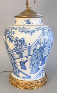 Chinese blue and white porcelain vase, having painted interior scene with figures, repaired and made into a lamp, ht. 23-1/2".