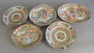Group of five Chinese Export Rose Medallion serving pieces, scallop rim dish, oval tray, leaf form dish, along with two large plates, dia. 10". Proven