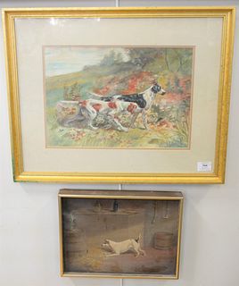 Two framed paintings of dogs, to include, an oil of canvas of a dog in barn, signed J. Truman, 1865, along with a watercolor of two setters hunting, i