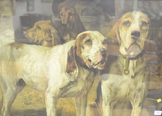 Henry R. Poore (American, 1859-1940), "Bear Dogs", early Winchester advertisement of two hunting dogs, lithograph, 25" x 35".