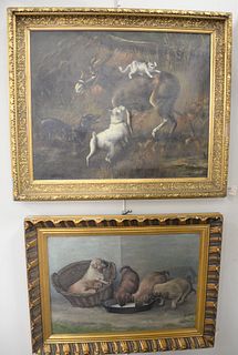 Pair of Dog Paintings, farm landscape with a cat on a donkey and two dogs along with a painting of puppies, both oil on canvas, one signed L. Severanc