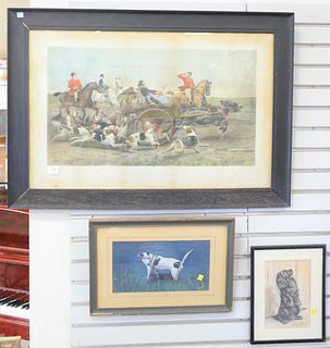 Group of seven framed dog paintings and prints, a pencil and watercolor sketch of a dog, signed illegibly; a Jensen gouache of a dog; "The Run of the 