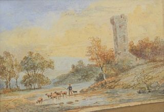 Anthony Vandyke Copley Fielding (British, 1787-1855) landscape, having sheep herder with a castle, 1841, watercolor on paper, signed and dated lower l
