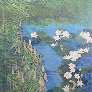 Margot Stewart oil on canvas, "Spring Lilly Pad on Water's Edge", signed lower left "Margot Stewart", 78" x 78".