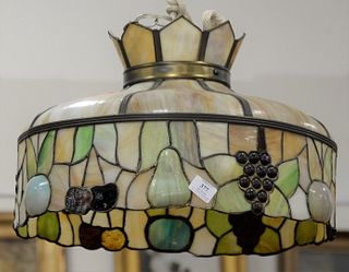 Eight panelled hanging glass lamp, fruit motif to the edge, dia. 20". Provenance: From the Marjorie & Howard Drubner Collection, Middlebury, Connectic