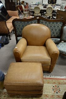 William Allen light brown leather armchair and ottoman, ht. 33", wd. 34", dp. 29".