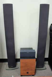 Group of four speakers, two made by Definitive Technologies; one by Canton, model ASD 220 SC, along with one by Jawbone, 47" high (tallest).