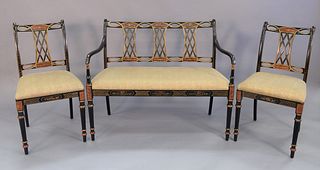 Three piece Southwood set, settee and two side chairs with cloth faux lizard hyde upholstery, black and gold decorated, ht. 35" each, bench lg. 43 1/4