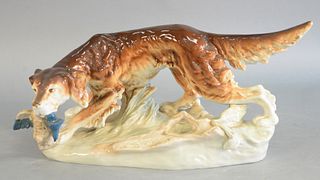 Large Royal Dux porcelain figure, hunting dog, 9" x 18 1/2" x 8".