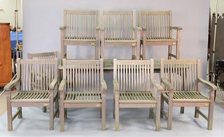 Kensington teak eight piece outdoor table set, rectangular table with eight arm chairs, 30" x 80" x 36" (table).