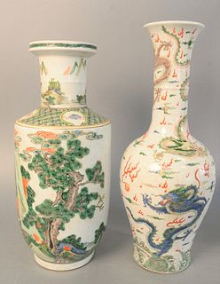 Two Chinese porcelain vases, Famille Rose, painted five claw dragons, along with a Wucai vase Kangxi style. 17-1/4" high.