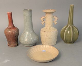Group of five Chinese porcelain glazed pieces, white crackle glazed; Ge-ware crackle glazed vase; green glazed vase with ribbed body; a bloom vase alo