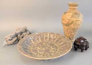 Three piece Chinese group to include, large Ming style underglaze copper red plate, Ducai phoenix bird vase and a scholar rock, 18-1/2 dia. (plate), 1