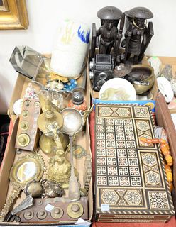 Four trays of various smalls to include a female figure inkwell; an Airesflex camera; two wooden male figures; various pieces of costume jewelry and m