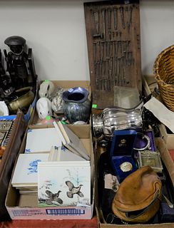 Four trays of various small works to include ceramic tiles, animal figurines, antique eyeglasses, sample board of early nails assembled by Henry Hammo