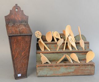 Two piece lot to include primitive green painted spoon rack, three tiers with carved back along with an oak hanging candle box, 10 1/2" x 15 1/2" x 8"
