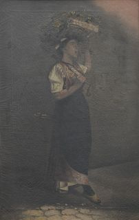 A. Rolli (19th Century), "Flower Seller Merchant Girl", oil on canvas, signed lower left, 27" x 17 1/2".