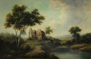 Oil on canvas, Dutch landscape with house and pond, 24" x 36".