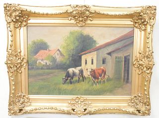 Lamereux (19th Century), Country Farm with Two Cows, oil on canvas, signed lower left, 20" x 30".