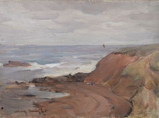 Rocky coast with figurines and sailboats, oil on canvas board, signed illegibly lower left, housed in a 19th century frame, 10" x 13 3/4".
