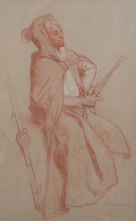Orientalist School (19th/20th C.), seated Arabic figure with a gun, sanguine on paper, signed illegibly lower right, 18 1/2" x 11".