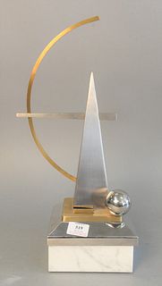 Mid-century aluminum and brass geometric sculpture on marble base, stamped 'Made in Italy' on the underside, 18 1/2" x 10" x 6 1/2".