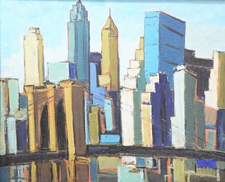 Jean-Claude Quilici (French, b. 1941), "Brooklyn Bridge, New York", acrylic on canvas, signed lower right, titled on the reverse, 32" x 39 1/2".