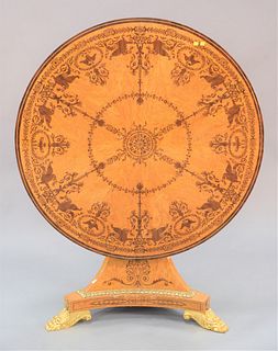 Round contemporary pedestal center table, inlaid top on triangle shaft with claw feet, ht. 32 1/2", dia. 48".